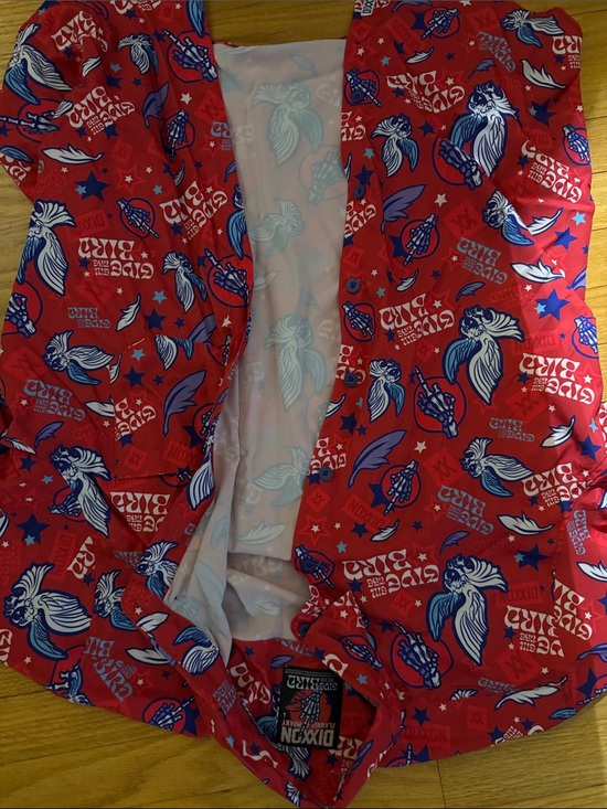 DIXXON Other - DIXXON Red Button-Down Shirt with Blue and White Graphic Motifs